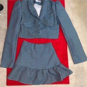 Blue & White Houndstooth Skirt and Cropped Jacket set